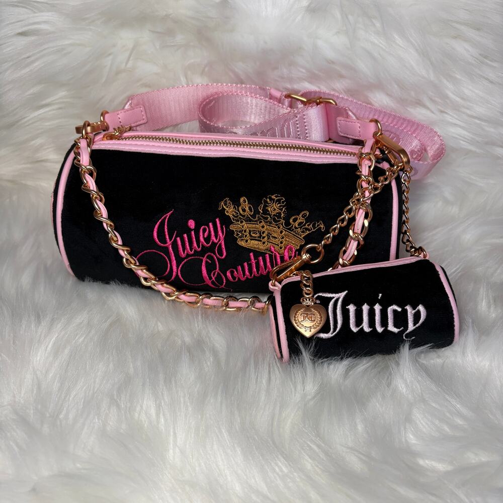 New Juicy Couture Heritage Barrel Bag 3pc Set Liquorice/Black and Pink